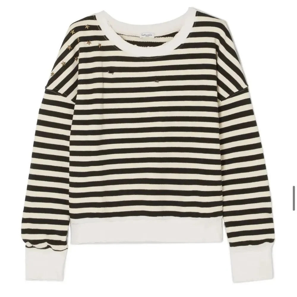 Splendid West Village Embellished Distressed Striped Cotton-Blend Sweatshirt